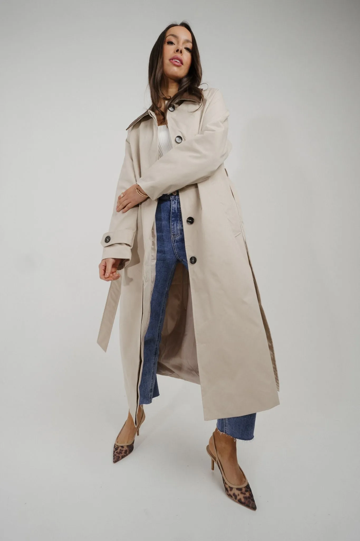 Caitlyn Longline Contrast Trench Coat In Beige