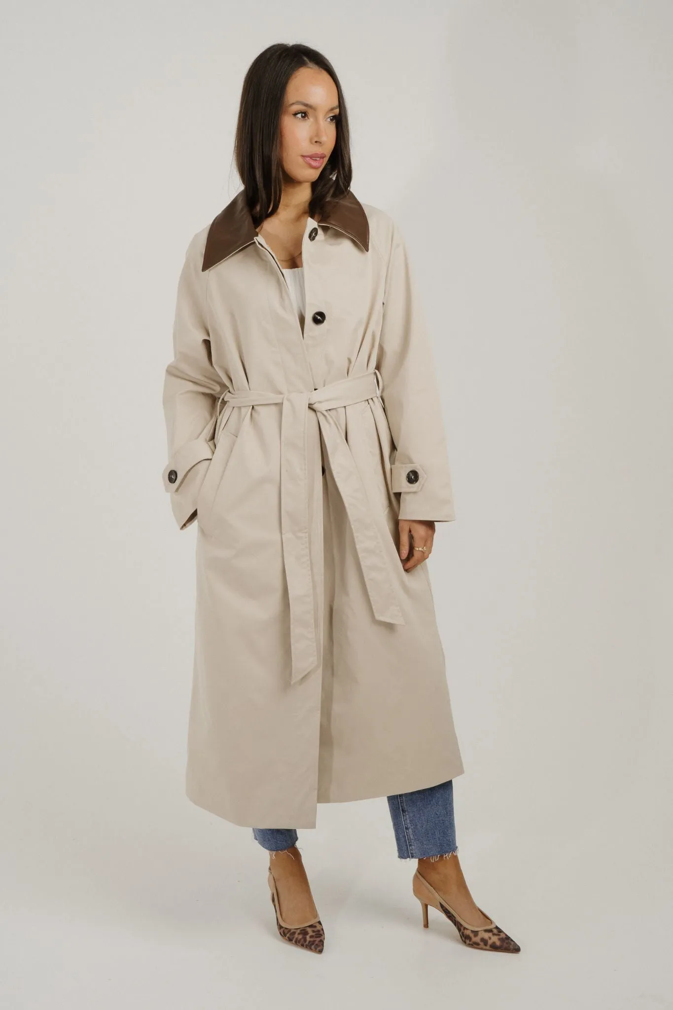 Caitlyn Longline Contrast Trench Coat In Beige