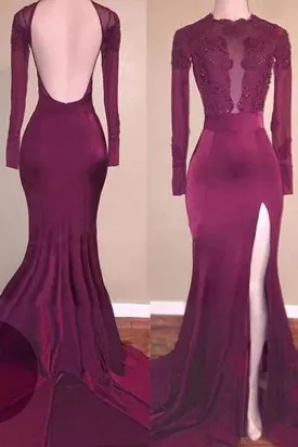 Chic Mermaid Sleeves Applique Backless Prom Long Split Evening Dresses