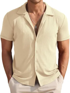 COOFANDY Mens Knit Button Down Shirt Short Sleeve Button Up Shirt Summer Casual Beach Tops