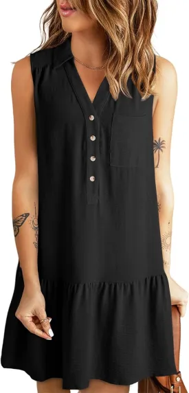 Dokotoo Womens Dresses 2025 Spring Summer V-Neck Button Up Sleeveless Mini Sundress Tank Dresses with Pockets