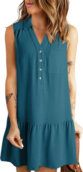 Dokotoo Womens Dresses 2025 Spring Summer V-Neck Button Up Sleeveless Mini Sundress Tank Dresses with Pockets