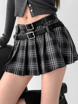 Double belt academia plaid mini skirt