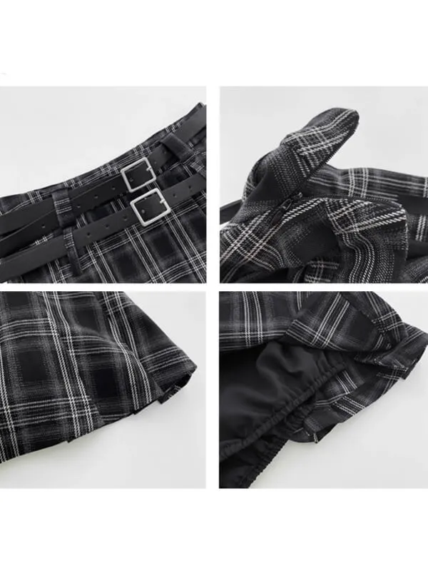 Double belt academia plaid mini skirt