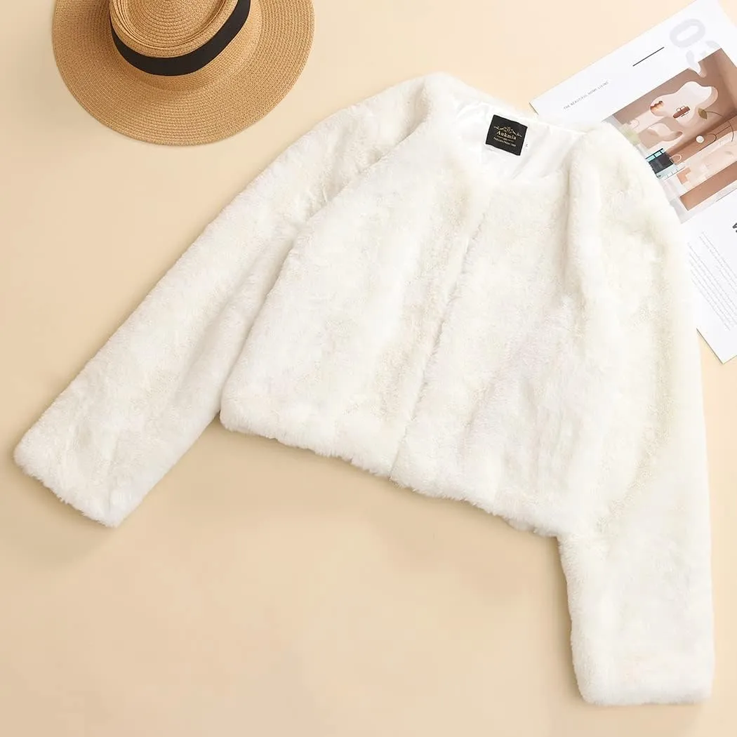 Edary Women Faux Fur Jacket Long Sleeve Coat Open Front Fur Coat Winter Warm Shaggy Faux Fur Parka for Women and Girl