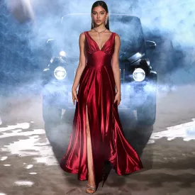 Elegant Dress Silver Banquet Party Sling Deep V Swing Red Dress