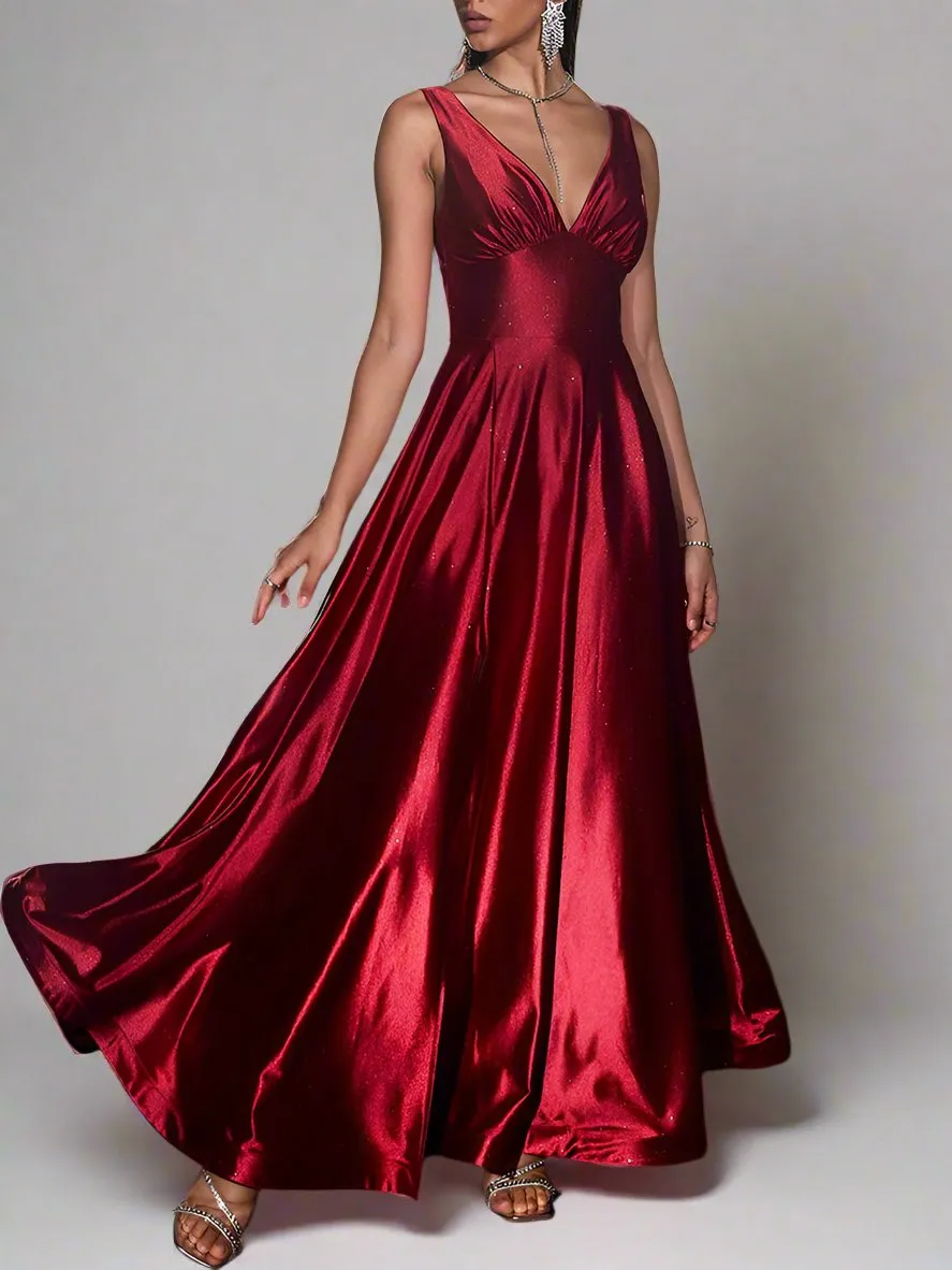Elegant Dress Silver Banquet Party Sling Deep V Swing Red Dress