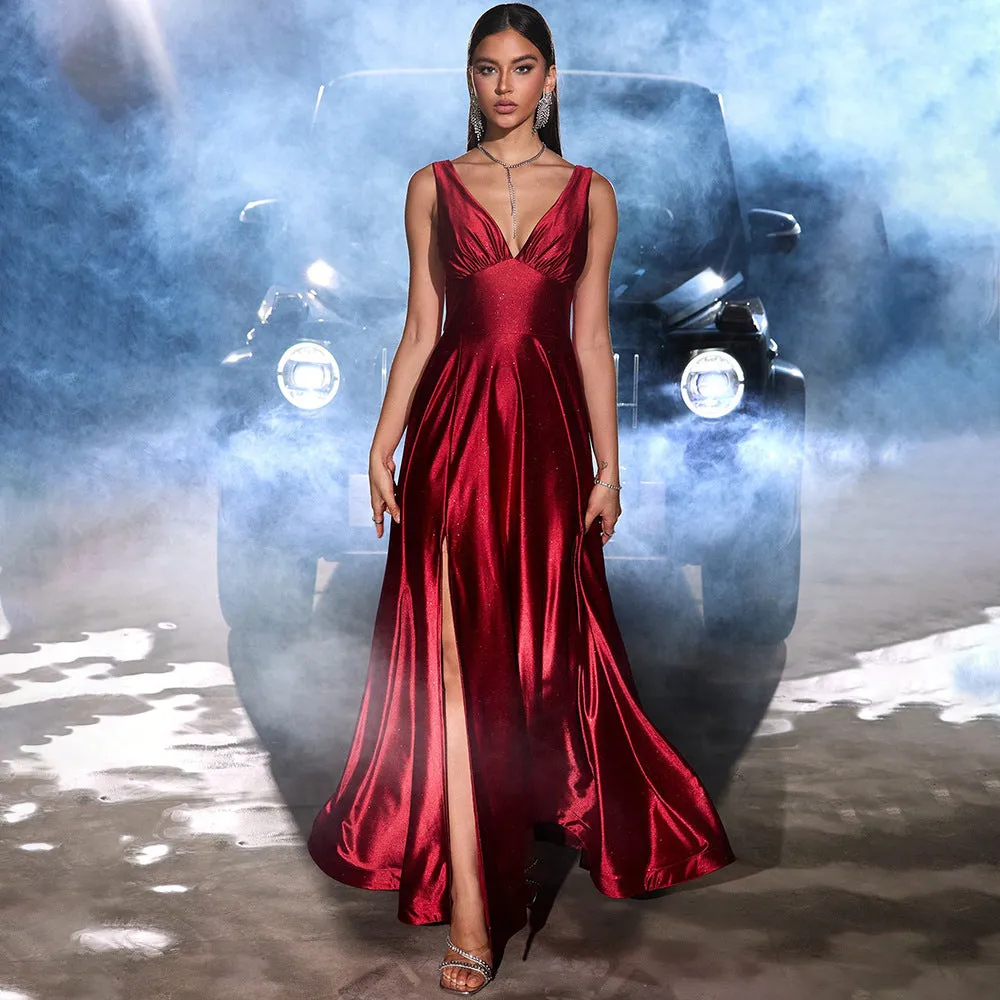 Elegant Dress Silver Banquet Party Sling Deep V Swing Red Dress