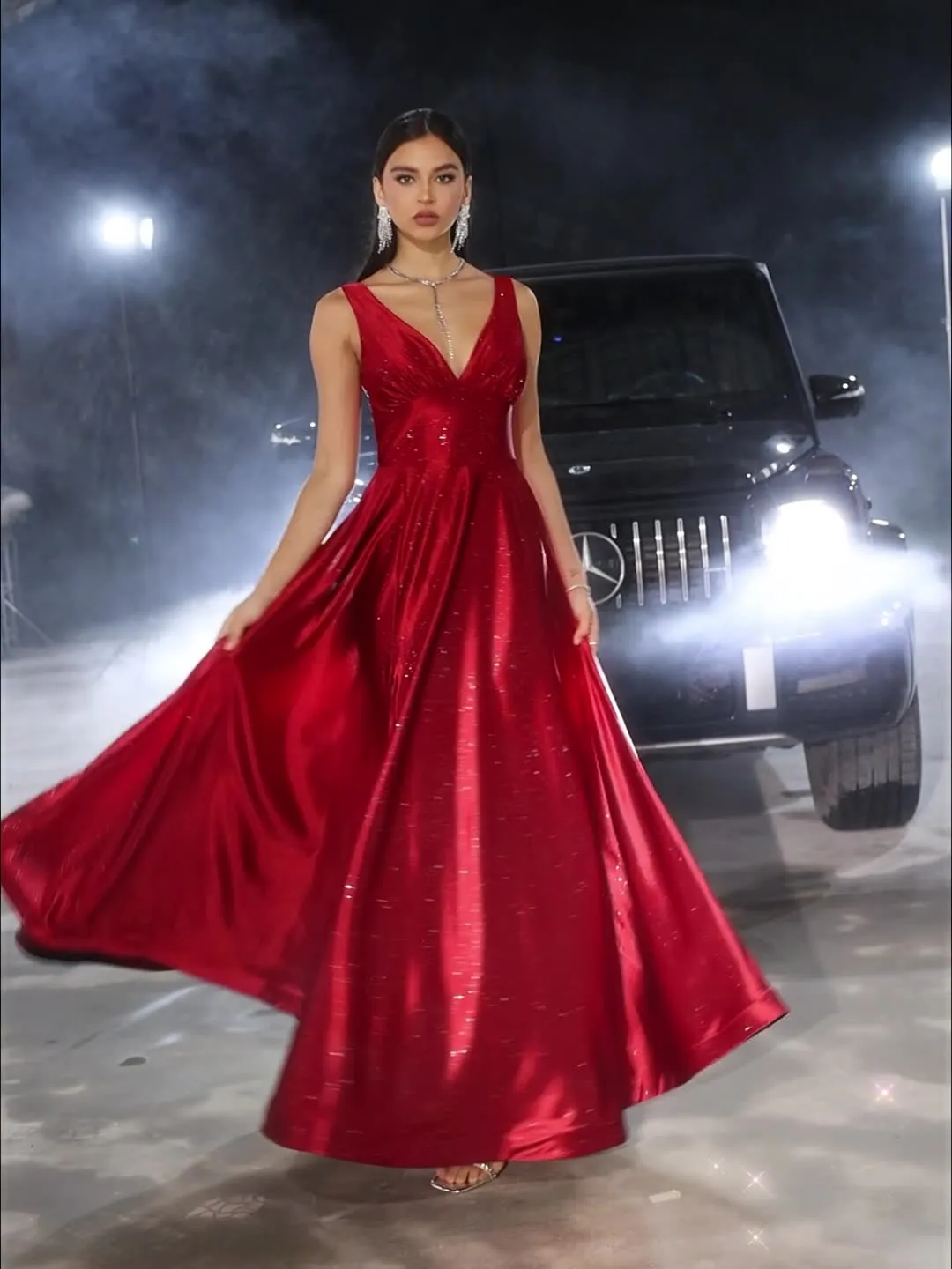 Elegant Dress Silver Banquet Party Sling Deep V Swing Red Dress