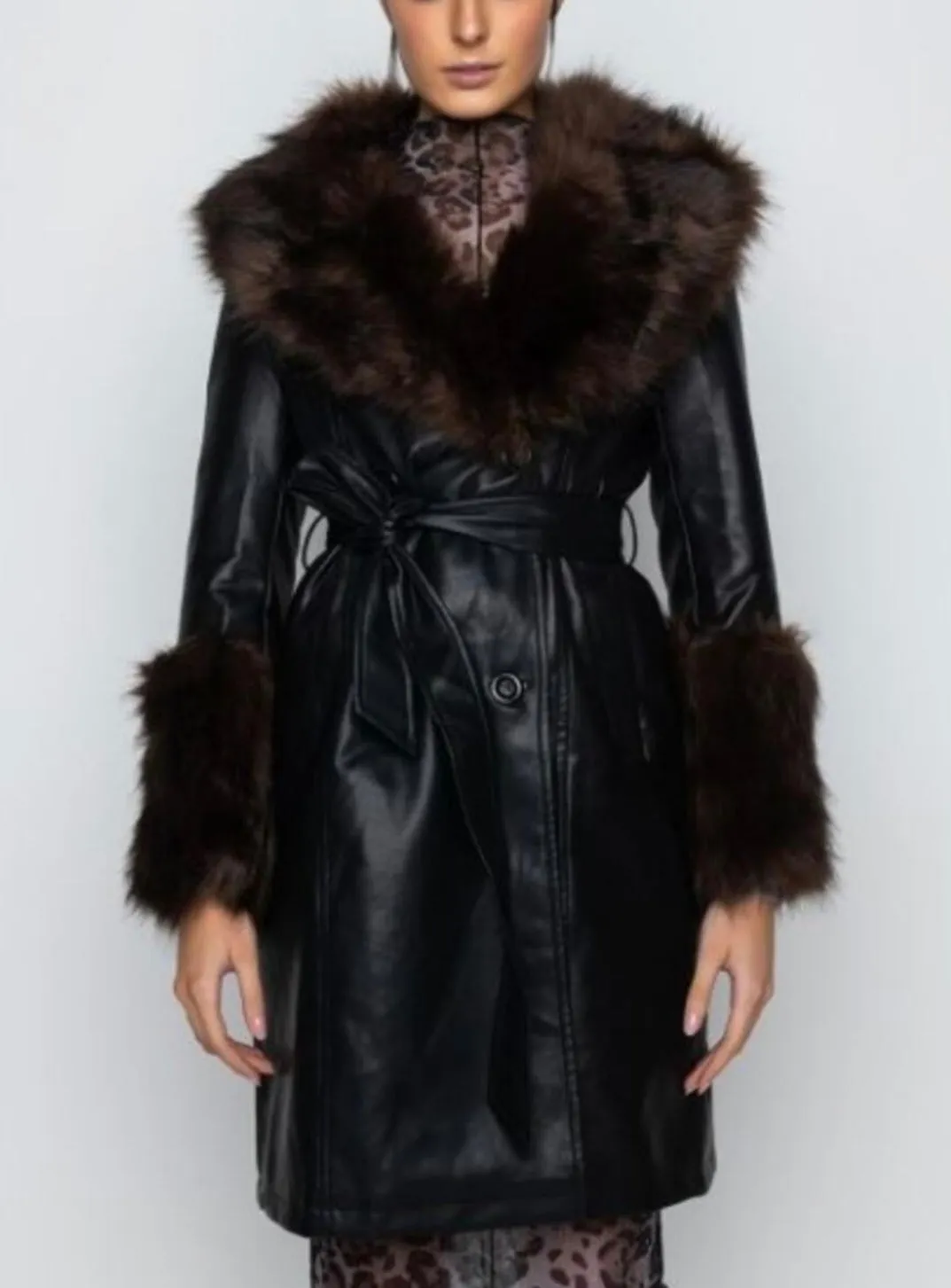 Estelle Black Pleather Faux Fur Knee Length Coat
