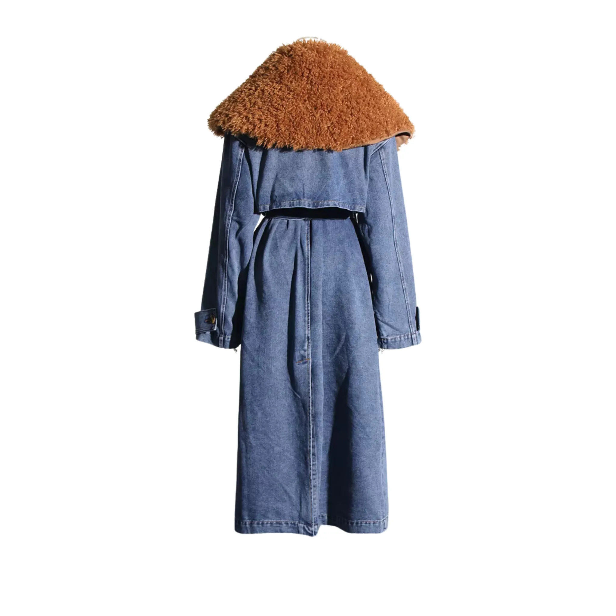 Faux Fur Denim Trench Coat