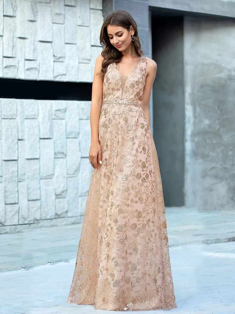 Floral Printed Sleeveless Tulle Evening Dresses with Sequin Belt