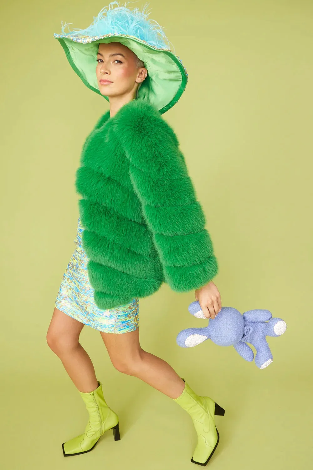 Gaga Faux Fur Striped Green Coat