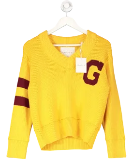 GANT Yellow Varsity V Neck Sweater In Faded Sunset UK S