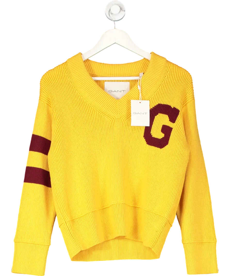 GANT Yellow Varsity V Neck Sweater In Faded Sunset UK S