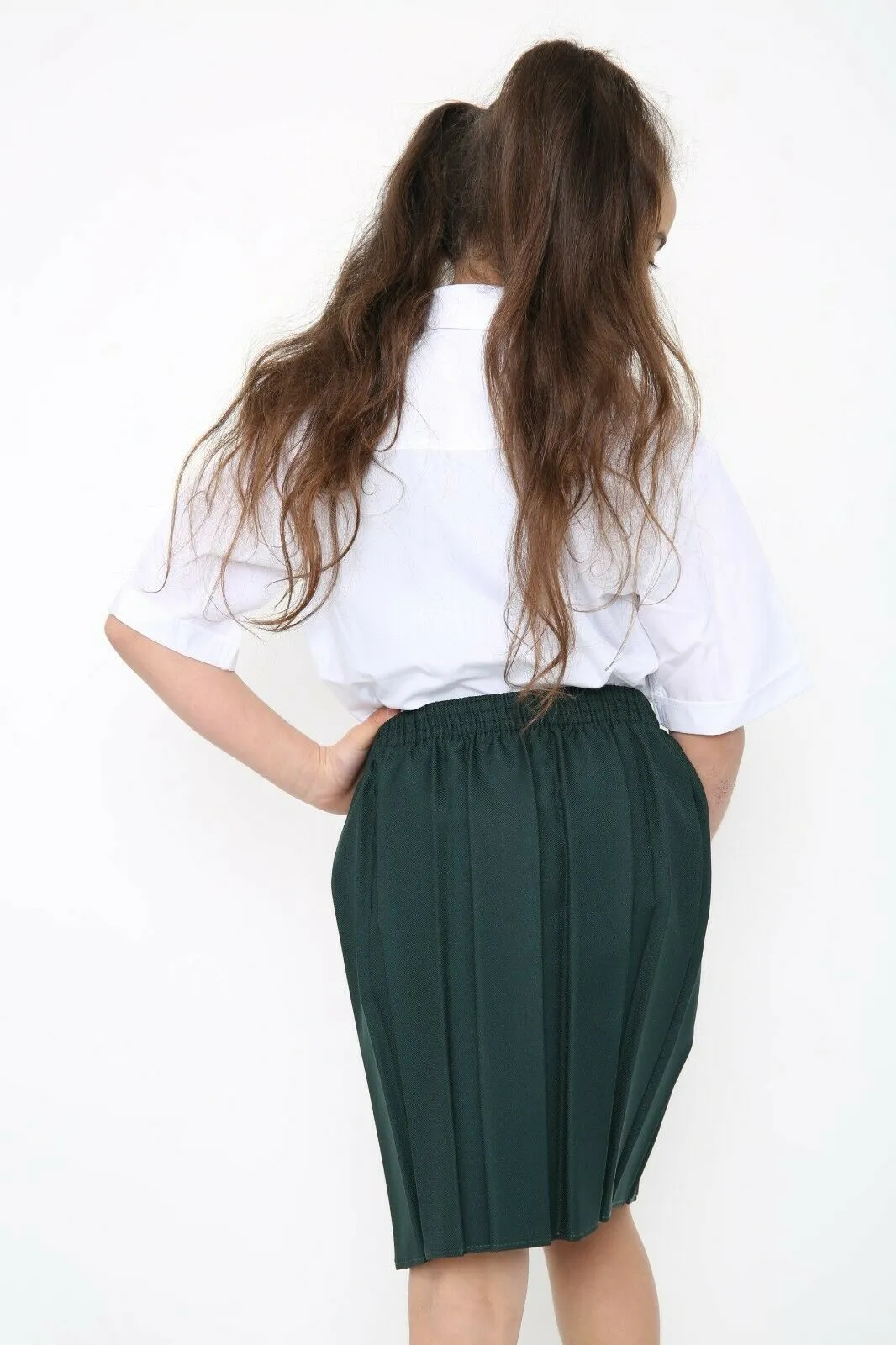 Girls School Uniform Skirt Box Pleated Elasticated Waist -Green