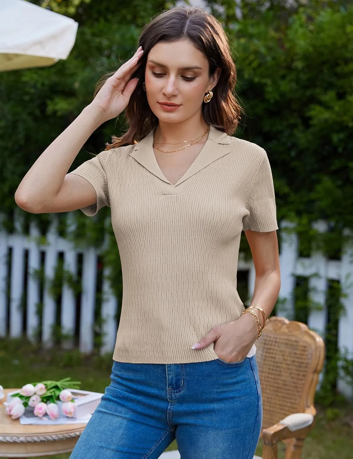 GRACE KARIN Womens 2025 Summer Short Sleeve Sweater V Neck Knitted Polo Shirt Lightweight Collared Pullover Sweater