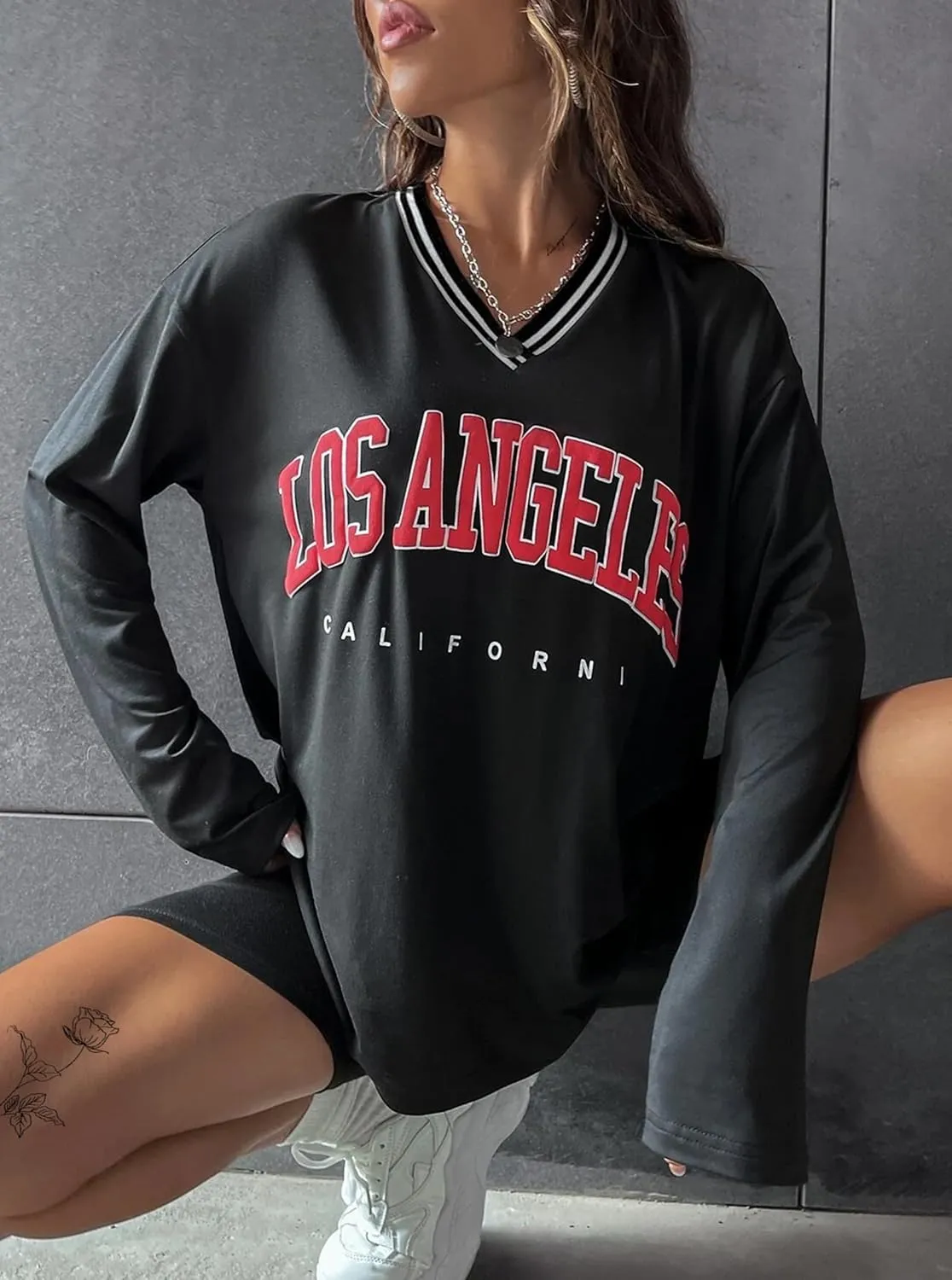 Hilinker Women's Oversized Graphic Tee V Neck Tops Casual Loose Long Sleeve T Shirt