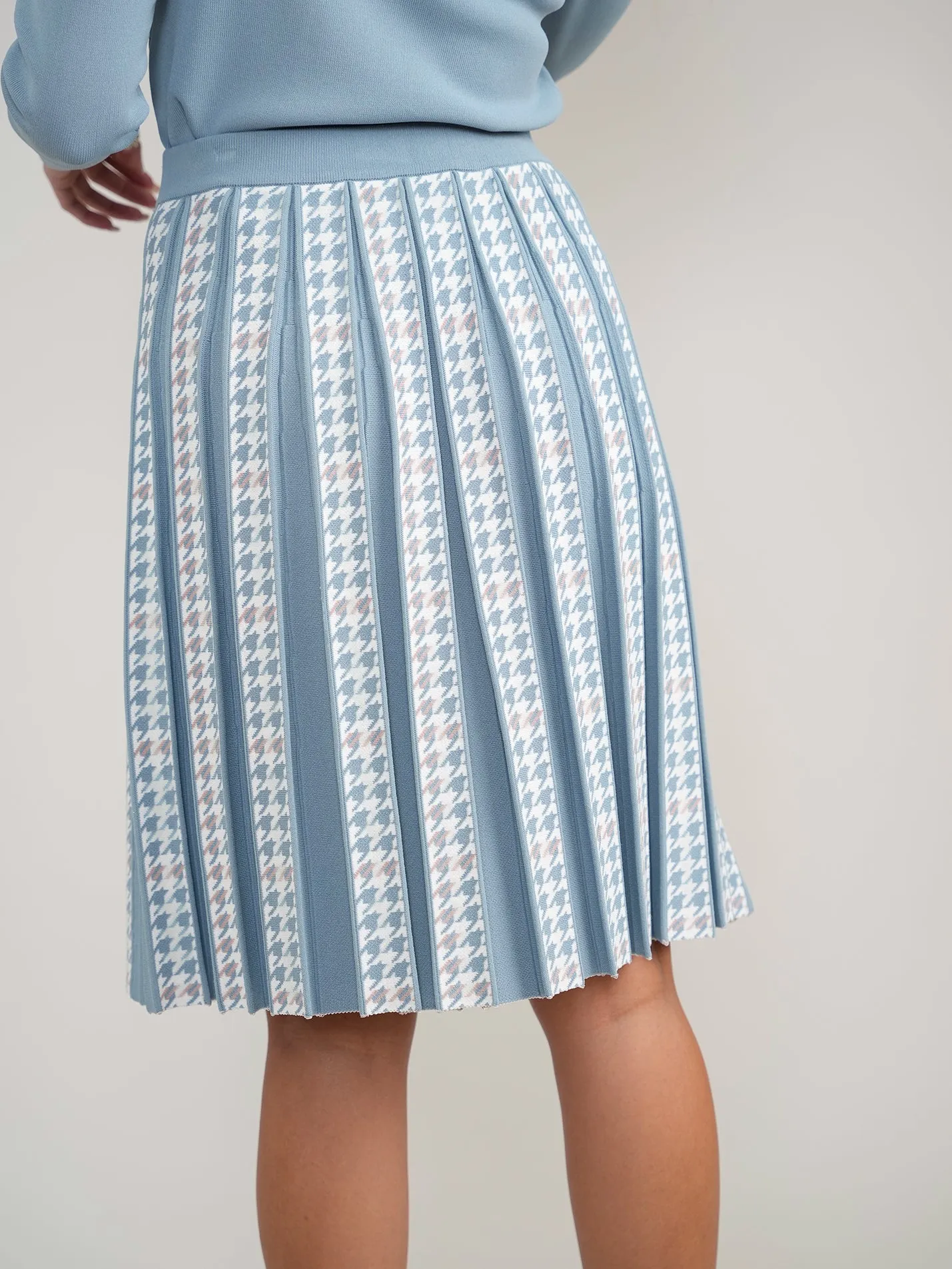Houndstooth Pleated Skirt with Gold Buttons