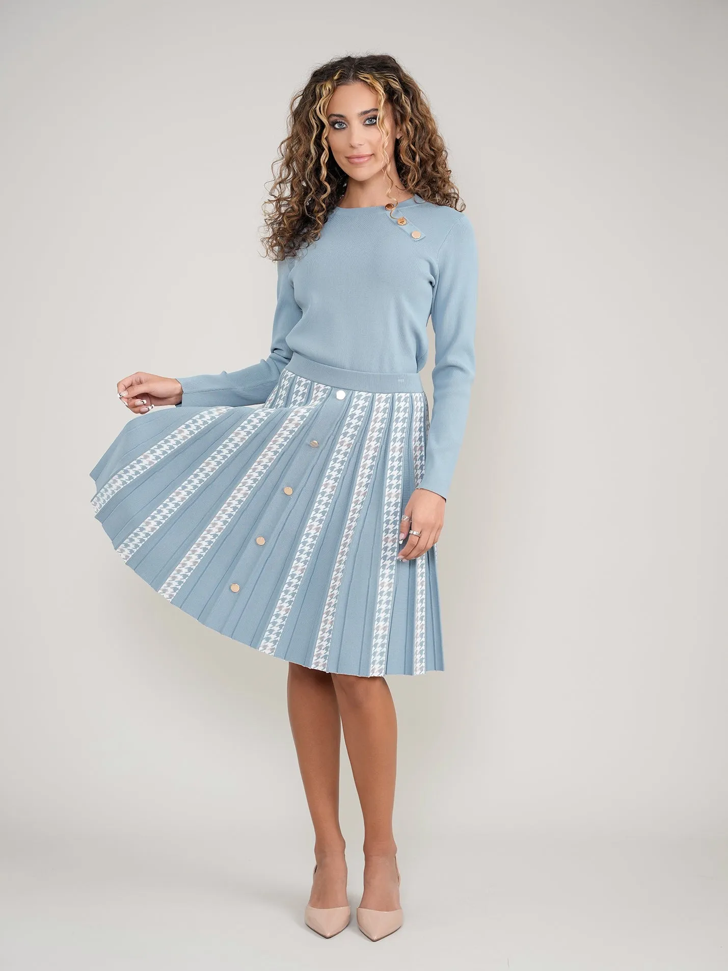 Houndstooth Pleated Skirt with Gold Buttons