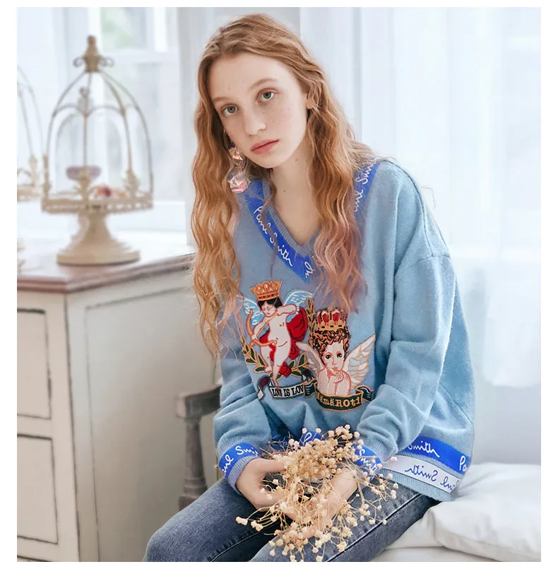 JAM PRINCESS V NECK MIXED PRINT JUMPER IN BLUE