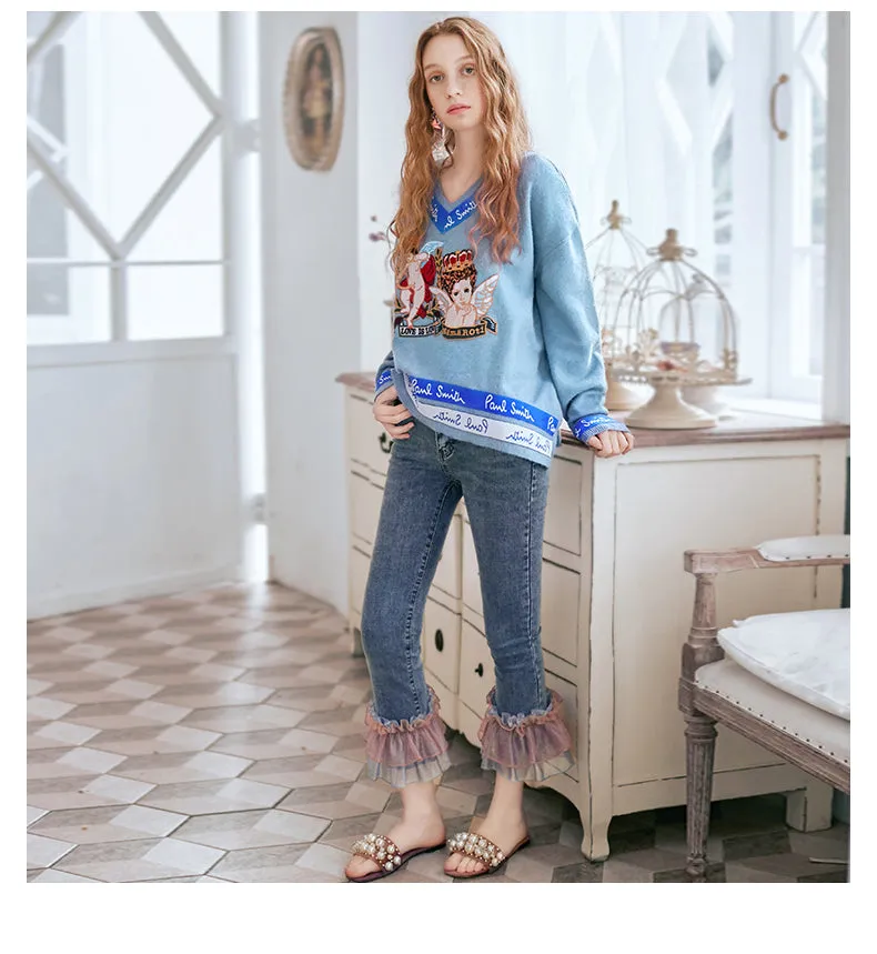 JAM PRINCESS V NECK MIXED PRINT JUMPER IN BLUE