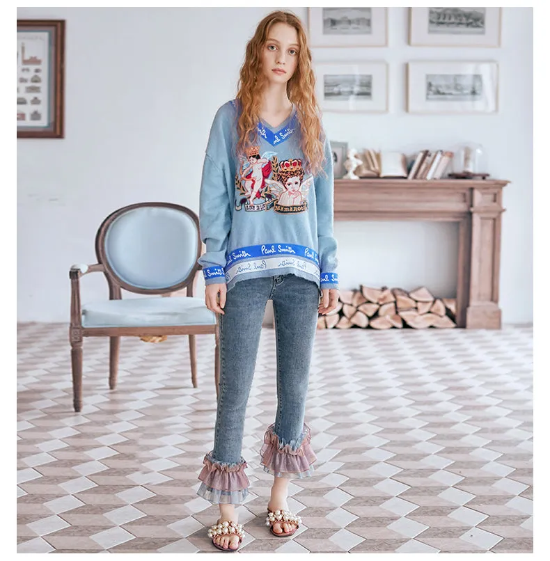 JAM PRINCESS V NECK MIXED PRINT JUMPER IN BLUE