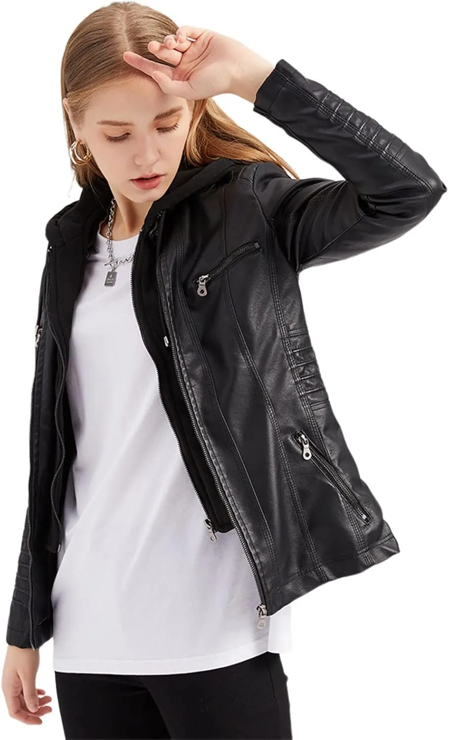 JEsilunmaMY Women's Leather Jacket with Removable Hooded Full Zip Long Sleeve Moto Biker Coat Plus Size Motorcycle Jackets