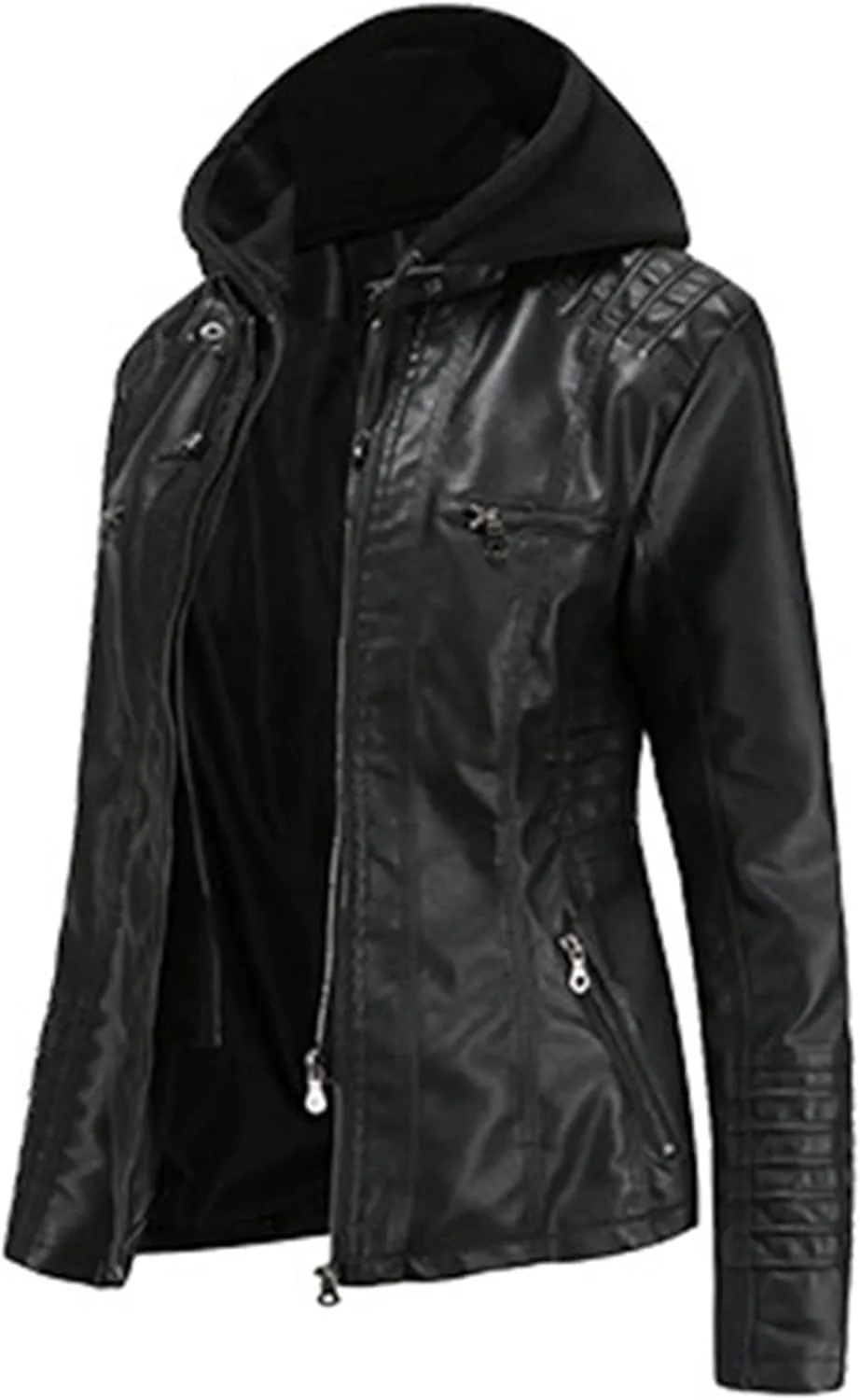 JEsilunmaMY Women's Leather Jacket with Removable Hooded Full Zip Long Sleeve Moto Biker Coat Plus Size Motorcycle Jackets