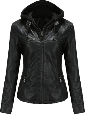 JEsilunmaMY Women's Leather Jacket with Removable Hooded Full Zip Long Sleeve Moto Biker Coat Plus Size Motorcycle Jackets