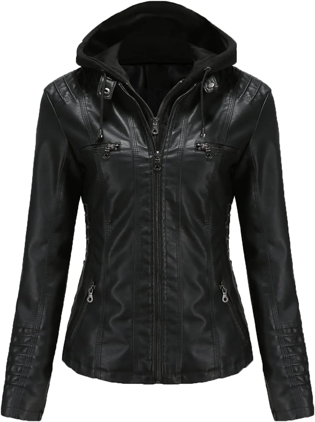 JEsilunmaMY Women's Leather Jacket with Removable Hooded Full Zip Long Sleeve Moto Biker Coat Plus Size Motorcycle Jackets