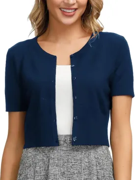 KANCY KOLE Women's Soft Basic Crew Neck Short Sleeve Cropped Bolero Cardigan Sweater