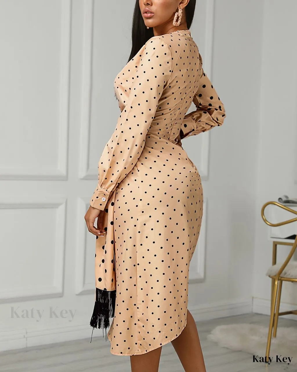 KatyKey - Chic Polka Dot Spliced Wrap Dress