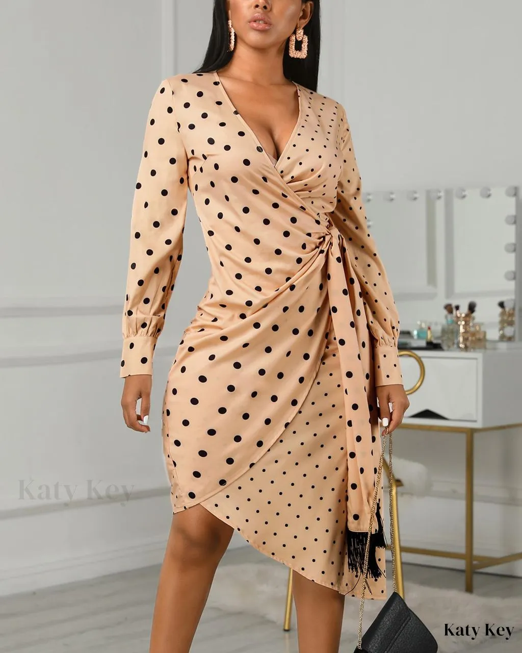 KatyKey - Chic Polka Dot Spliced Wrap Dress