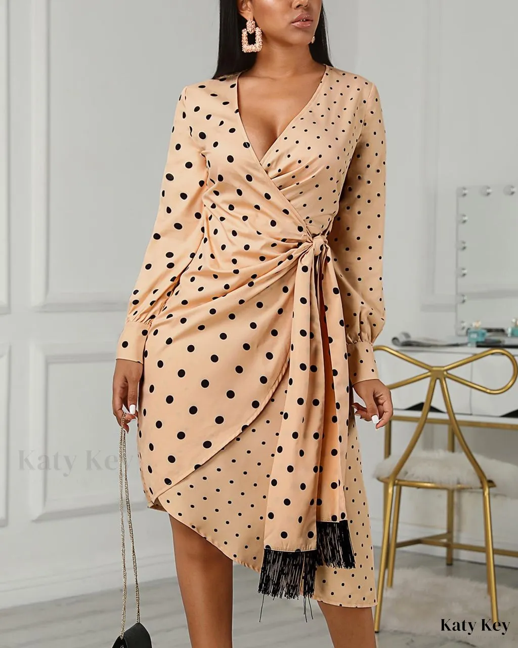 KatyKey - Chic Polka Dot Spliced Wrap Dress