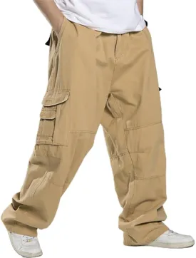 Kinghua Men's Baggy Cargo Pants Casual Loose Fit Elastic Waist Cotton Twill Cargo Pants