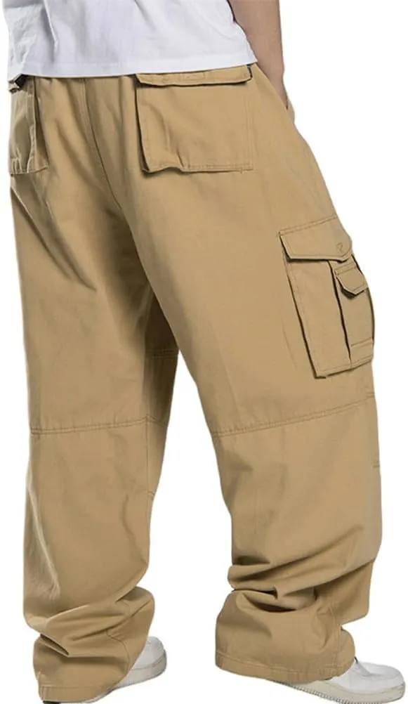 Kinghua Men's Baggy Cargo Pants Casual Loose Fit Elastic Waist Cotton Twill Cargo Pants
