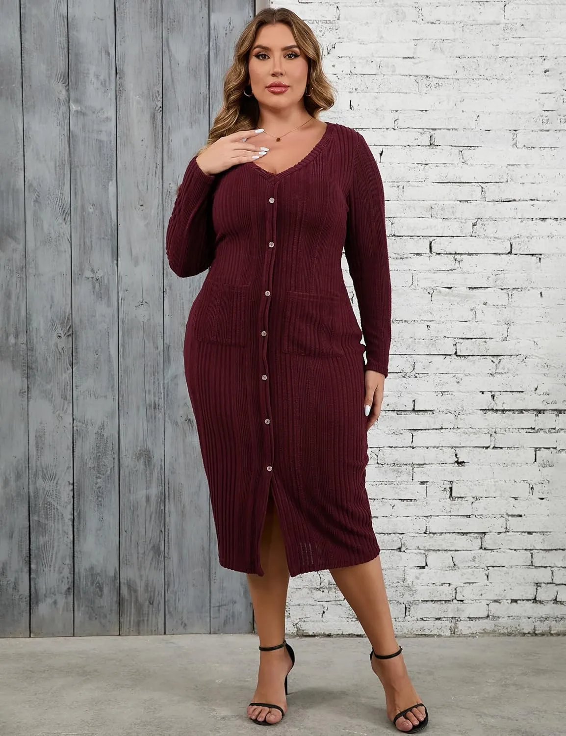 KOJOOIN Womens Plus Size Button Down Sweater Knit Dress V Neck Long Sleeves Slit Front Stretchy Pullover Bodycon Maxi Dress