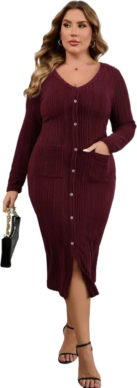 KOJOOIN Womens Plus Size Button Down Sweater Knit Dress V Neck Long Sleeves Slit Front Stretchy Pullover Bodycon Maxi Dress