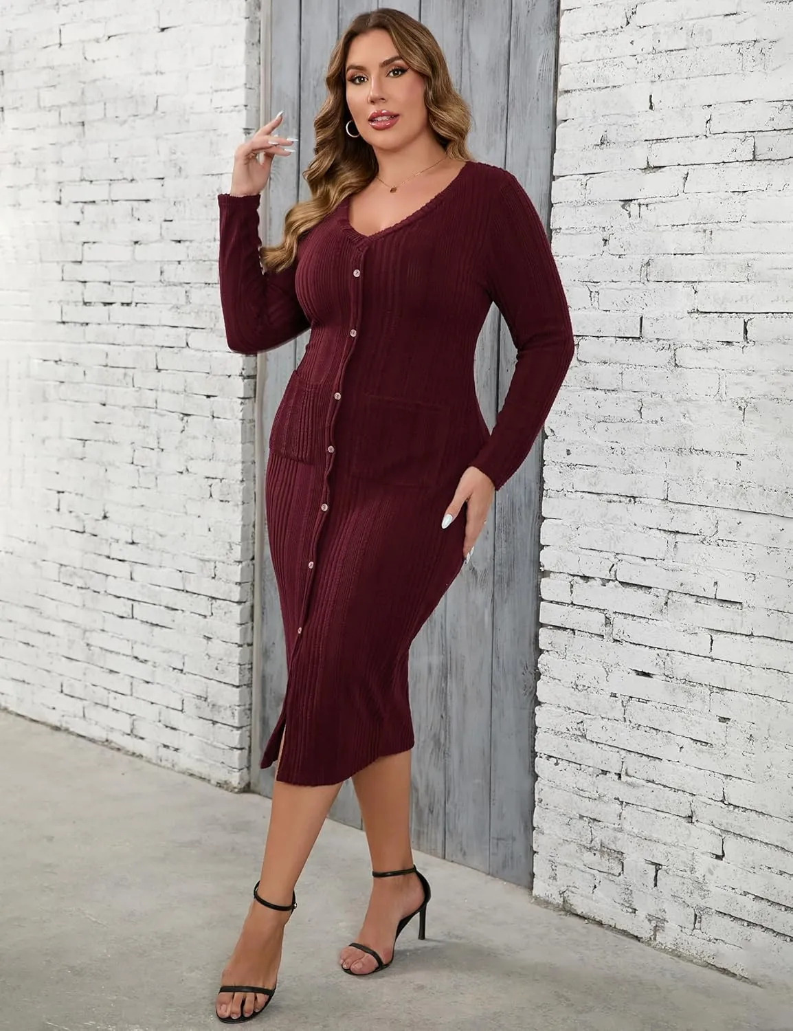 KOJOOIN Womens Plus Size Button Down Sweater Knit Dress V Neck Long Sleeves Slit Front Stretchy Pullover Bodycon Maxi Dress