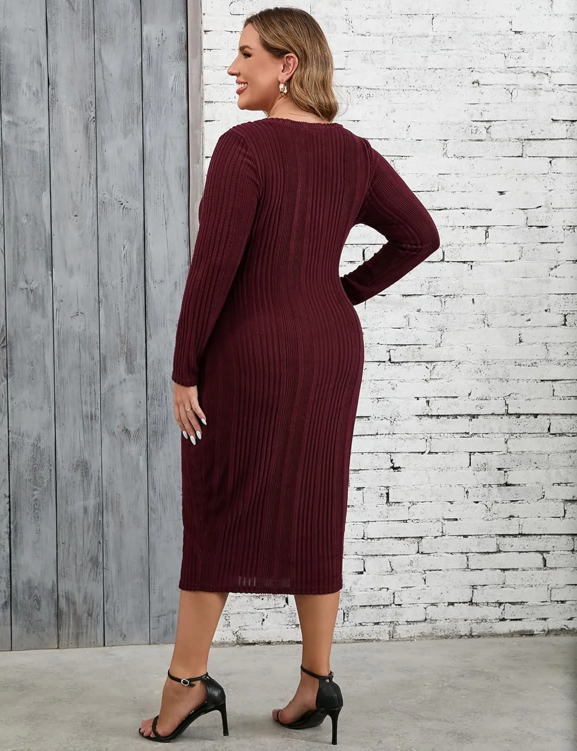 KOJOOIN Womens Plus Size Button Down Sweater Knit Dress V Neck Long Sleeves Slit Front Stretchy Pullover Bodycon Maxi Dress