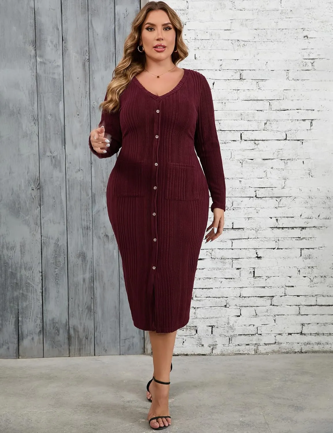 KOJOOIN Womens Plus Size Button Down Sweater Knit Dress V Neck Long Sleeves Slit Front Stretchy Pullover Bodycon Maxi Dress