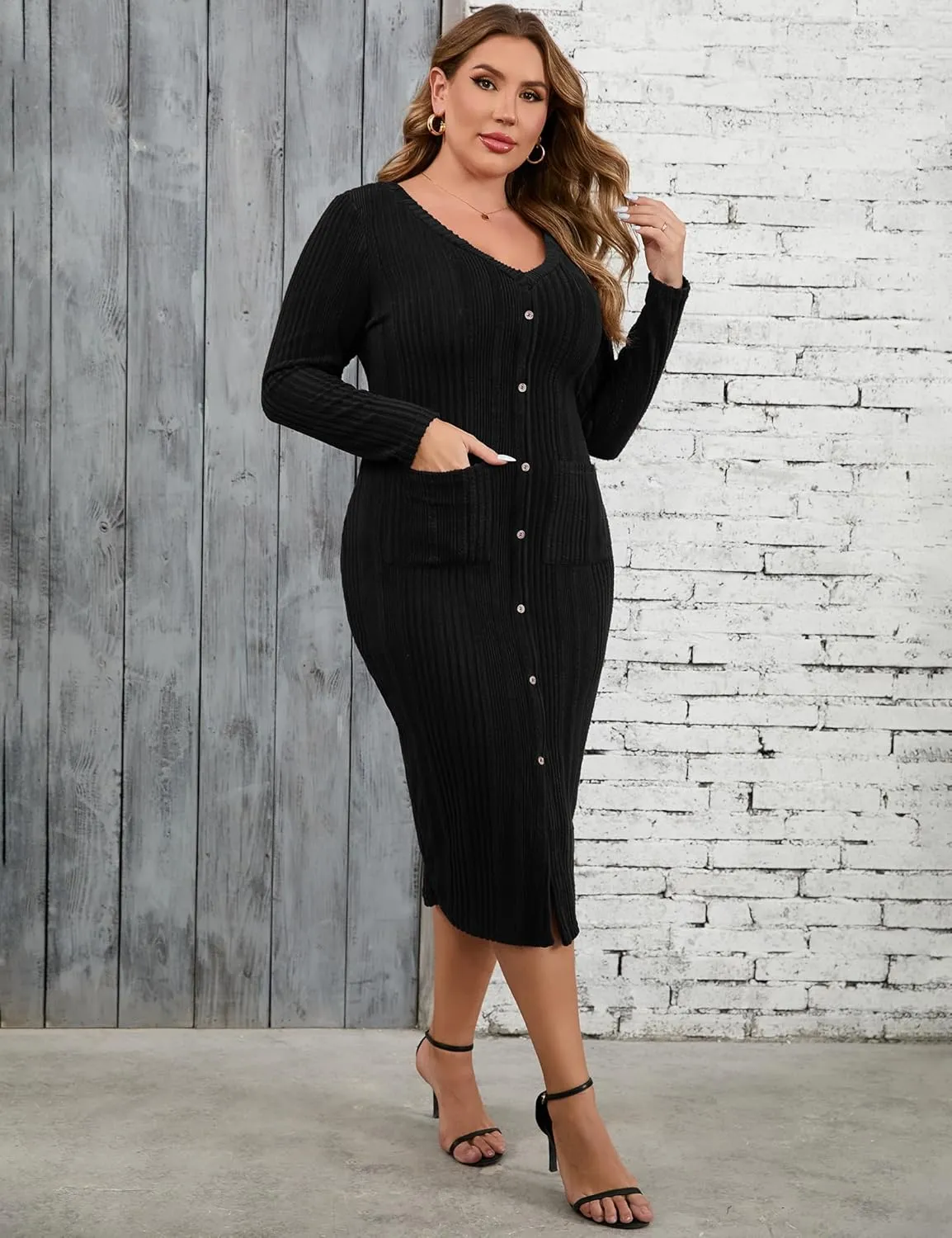 KOJOOIN Womens Plus Size Button Down Sweater Knit Dress V Neck Long Sleeves Slit Front Stretchy Pullover Bodycon Maxi Dress
