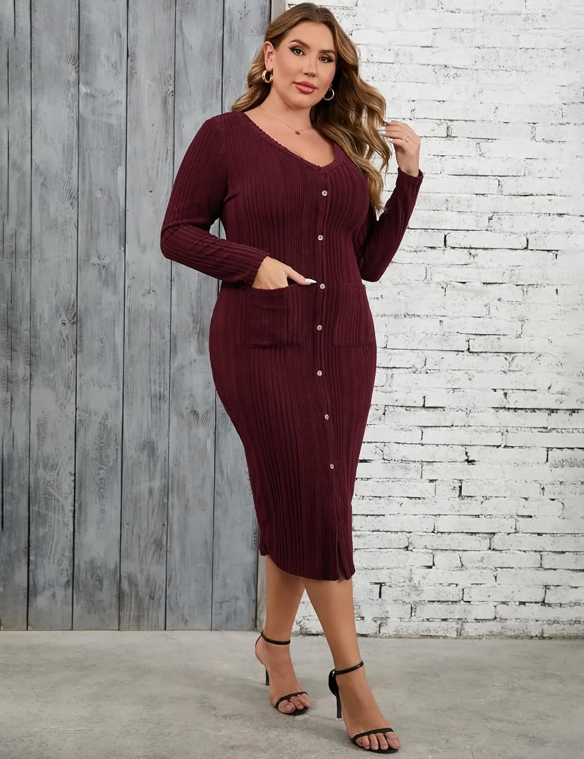 KOJOOIN Womens Plus Size Button Down Sweater Knit Dress V Neck Long Sleeves Slit Front Stretchy Pullover Bodycon Maxi Dress