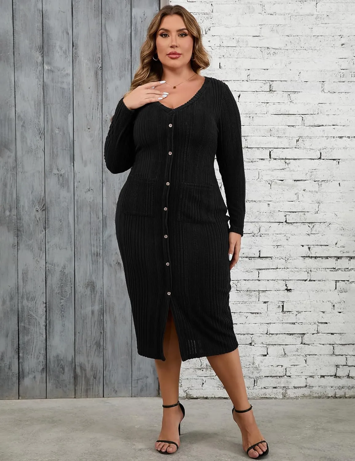 KOJOOIN Womens Plus Size Button Down Sweater Knit Dress V Neck Long Sleeves Slit Front Stretchy Pullover Bodycon Maxi Dress