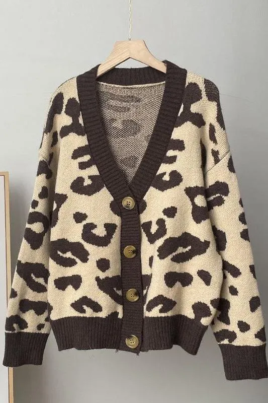 Leopard Print Soft Knitted V-neck Knitted Sweater