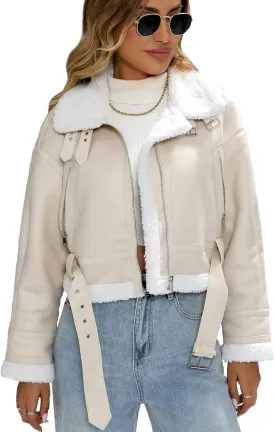 LY VAREY LIN Winter Women Faux Lamb Fur Leather Short Jacket Lapel Zipper Bomber Aviator Coat