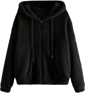 MakeMeChic Women's Faux Fur Coat Long Sleeve Zip Up Fuzzy Hoodie Lightweight Teddy Bear Fleece Jacket
