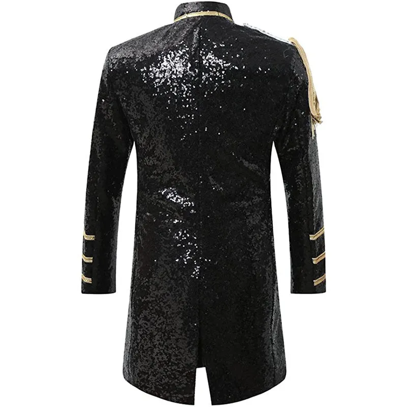 Men's Classic Military Style Stage Full Black Sequin Trench Coat