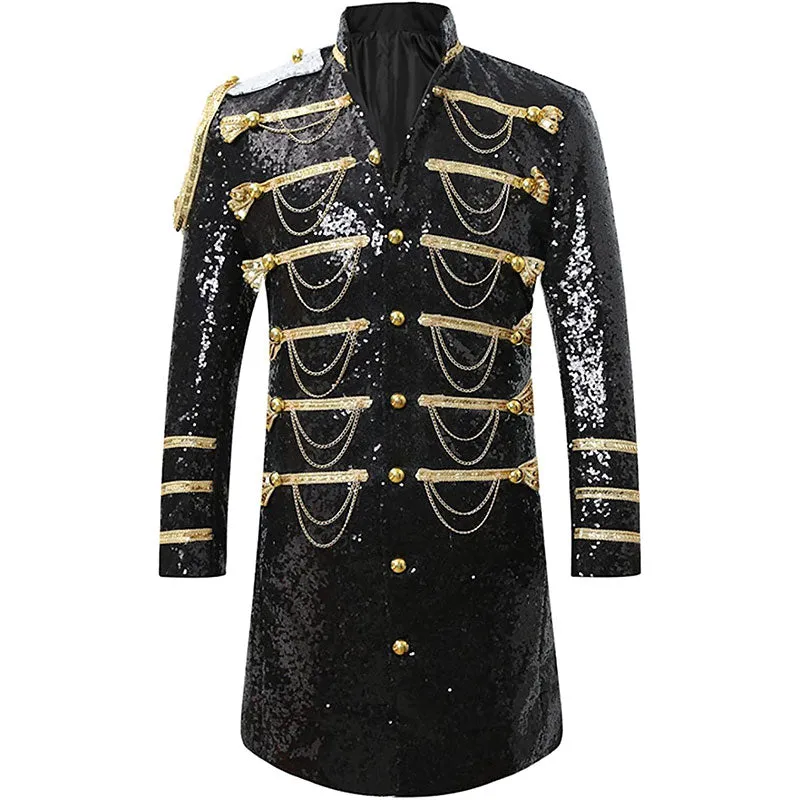 Men's Classic Military Style Stage Full Black Sequin Trench Coat